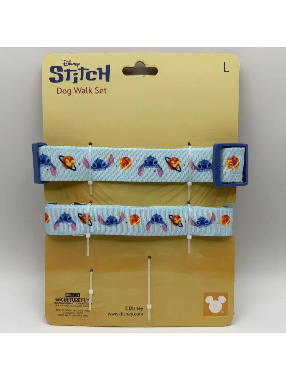 Disney Stitch Dog Leash Plastic Clip Collar and Waste Bag Dispenser Set Blue Lrg